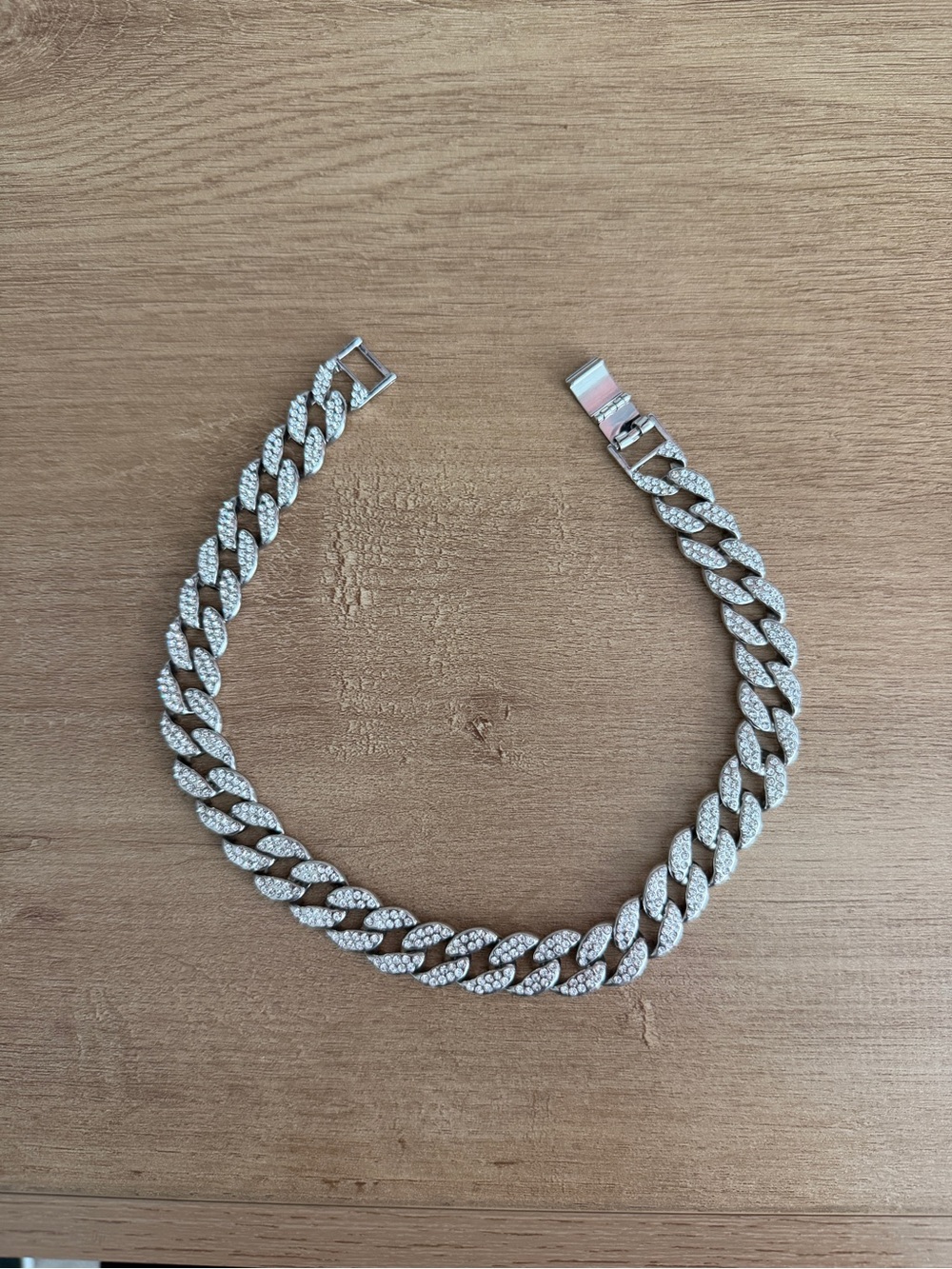 Rhinestone Cuban Link Choker Necklace - Silver Tone
